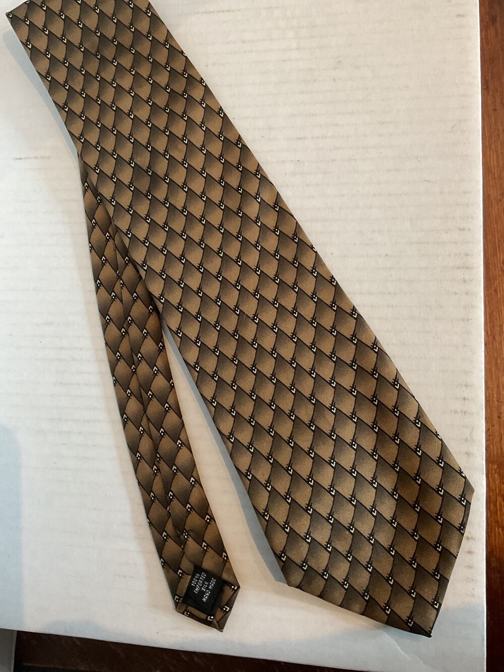 Barrington - Vintage, Hand-Made, Imported100% Silk Tie -Diamond Geometric- Olive